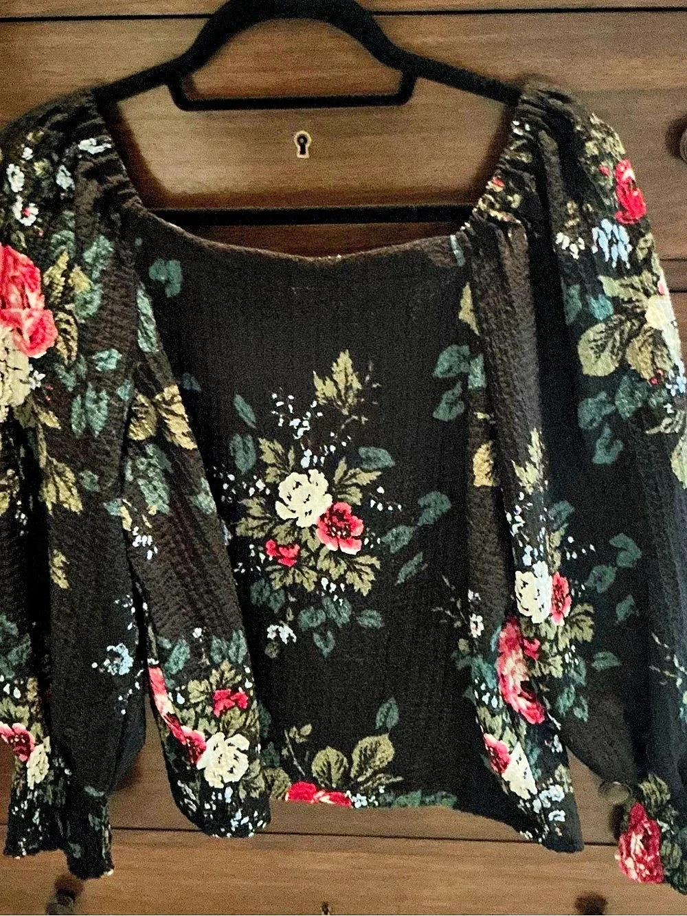 LOFT Square Neck Puff Sleeve Top Floral Blouse Black & Red -size Large